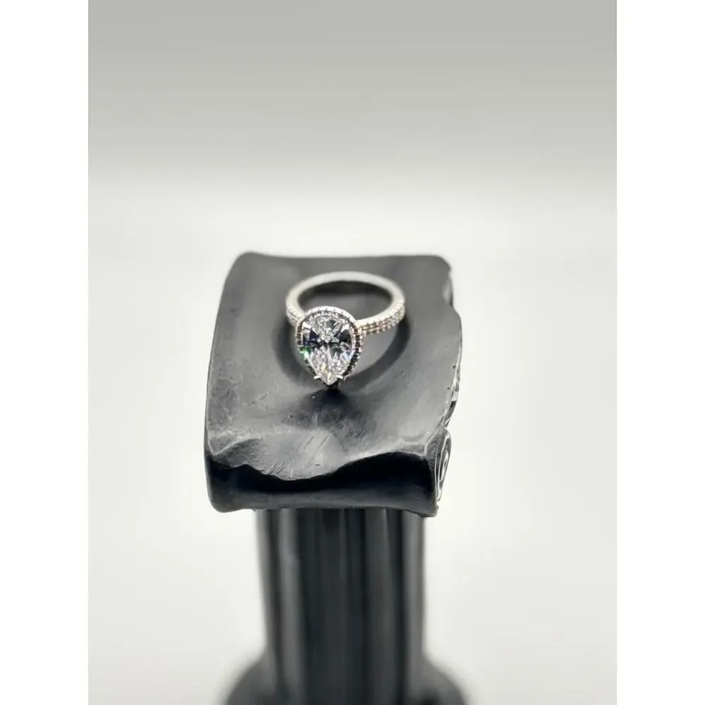 Pear Cut CZ Halo Ring Size 5 | Silver Plated Stainless Steel | Hypoallergenic